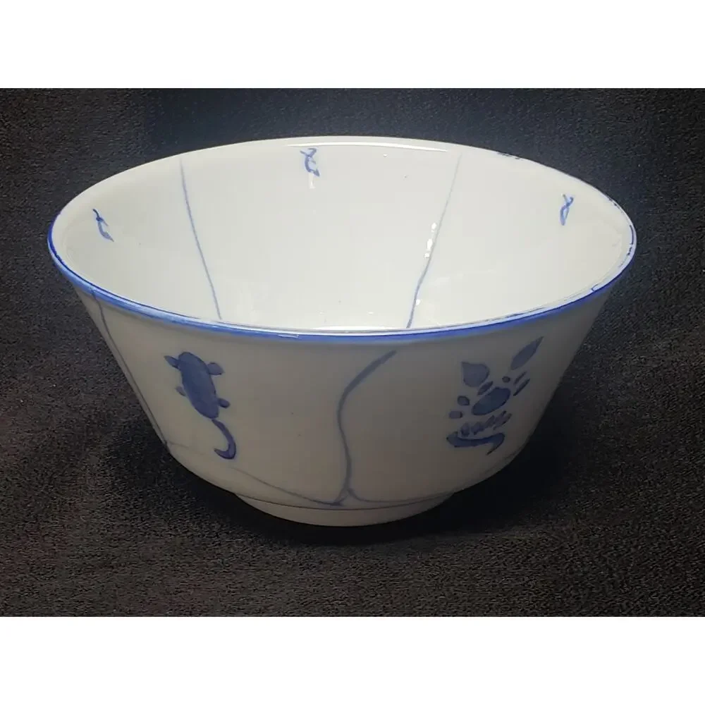 Vintage Rare Mid Century Chinese Blue White Floral Porcelain Rice Noodle Bowl